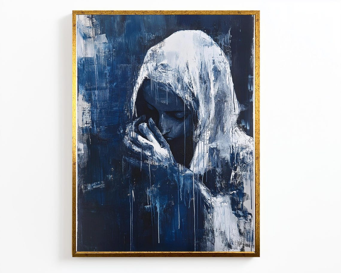 Veiled Woman Praying Blue Monochrome Abstract Spiritual Art Poster - Image 4