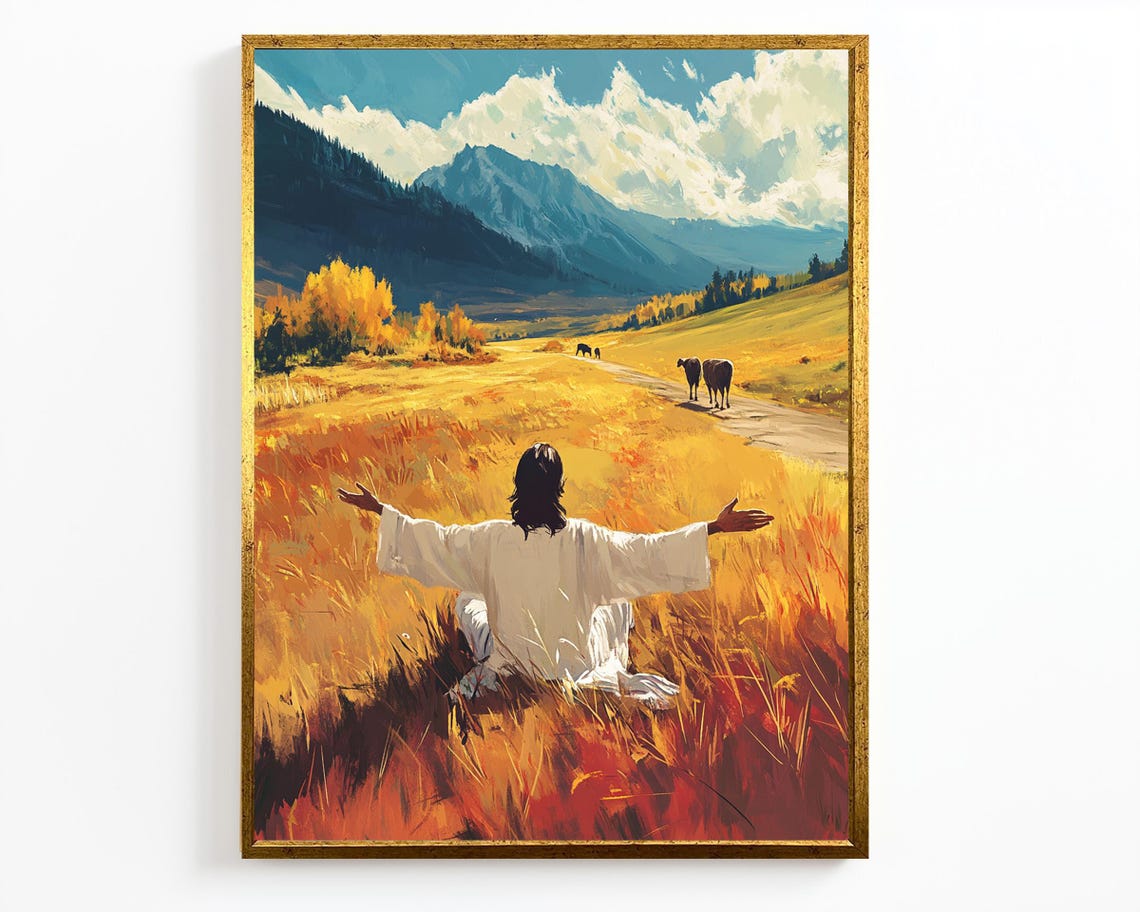 Jesus With Open Arms In Golden Wheat Field Mountain Landscape Poster - Image 4