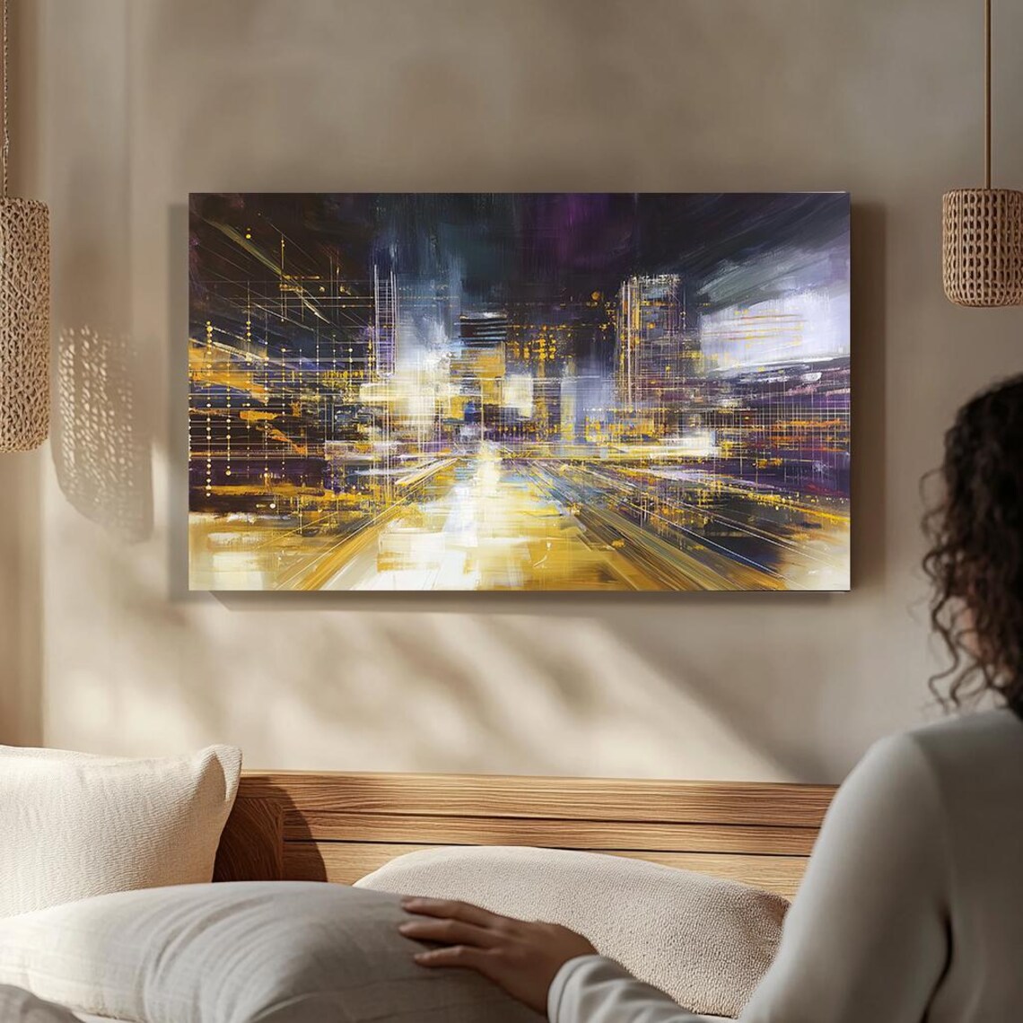 Abstract City Night Lights Golden Skyline Modern Urban Wall Poster - Image 5