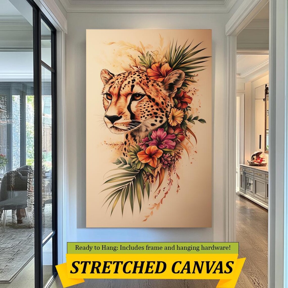 Elegant Cheetah Tropical Flowers Botanical Watercolor Wildlife Poster - Image 5