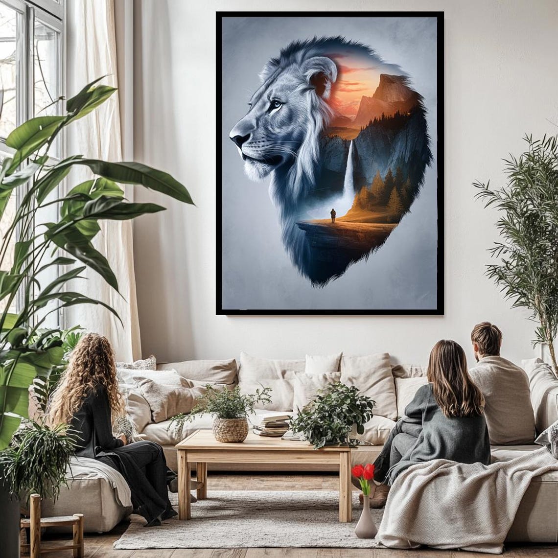 Lion Silhouette Mountain Sunset Waterfall Double Exposure Art Poster - Image 3