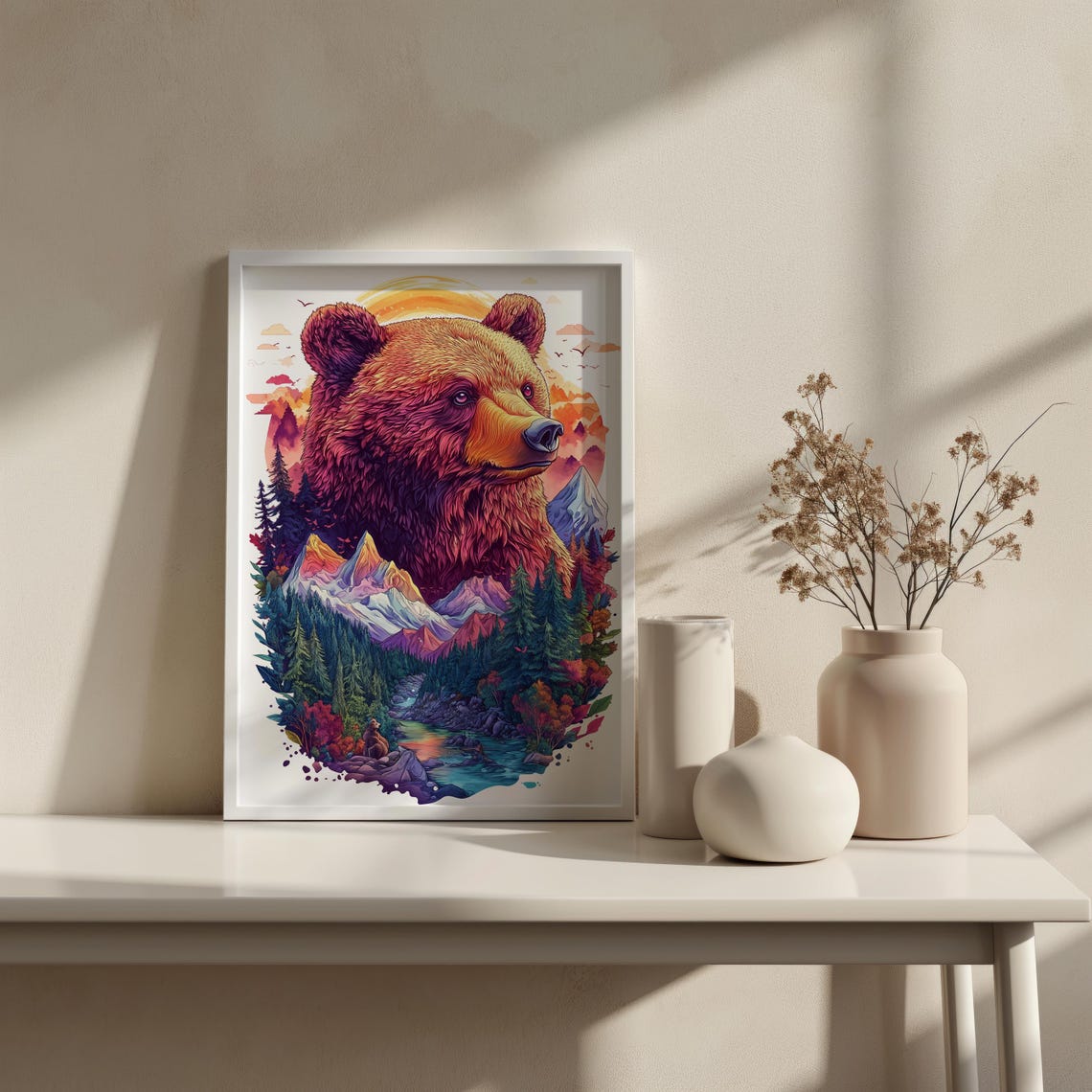 Majestic Grizzly Bear Mountain Sunset Forest Double Exposure Poster - Image 4