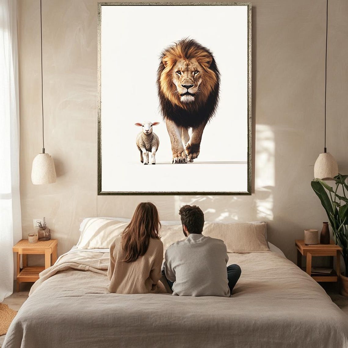 Lion And Lamb Walking Forward White Background Symbolic Peace Poster - Image 3