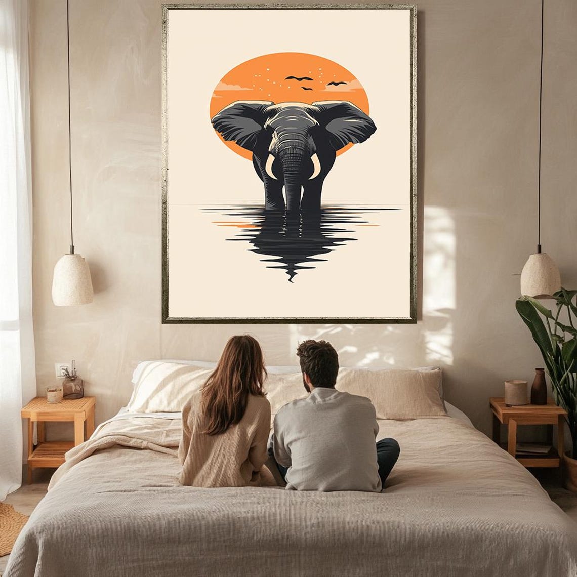 Minimalist Elephant Orange Sun Silhouette Water Reflection Art Poster - Image 2
