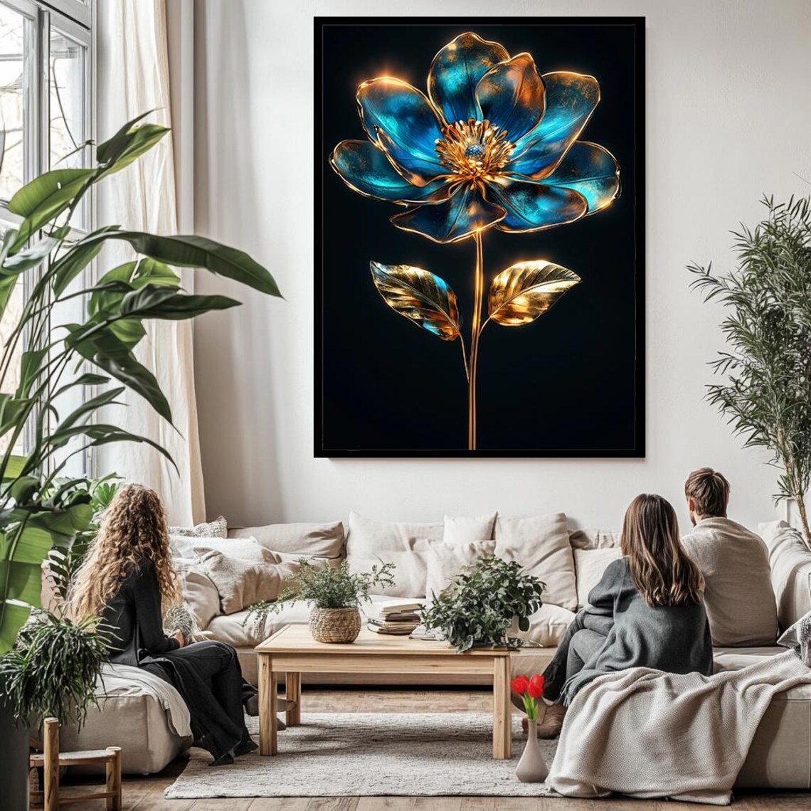 Luxury Metallic Blue And Gold Flower Wall Art Elegant 3d Floral Artwork For Modern Home Decor Large Gold Framed Botanical - Image 3