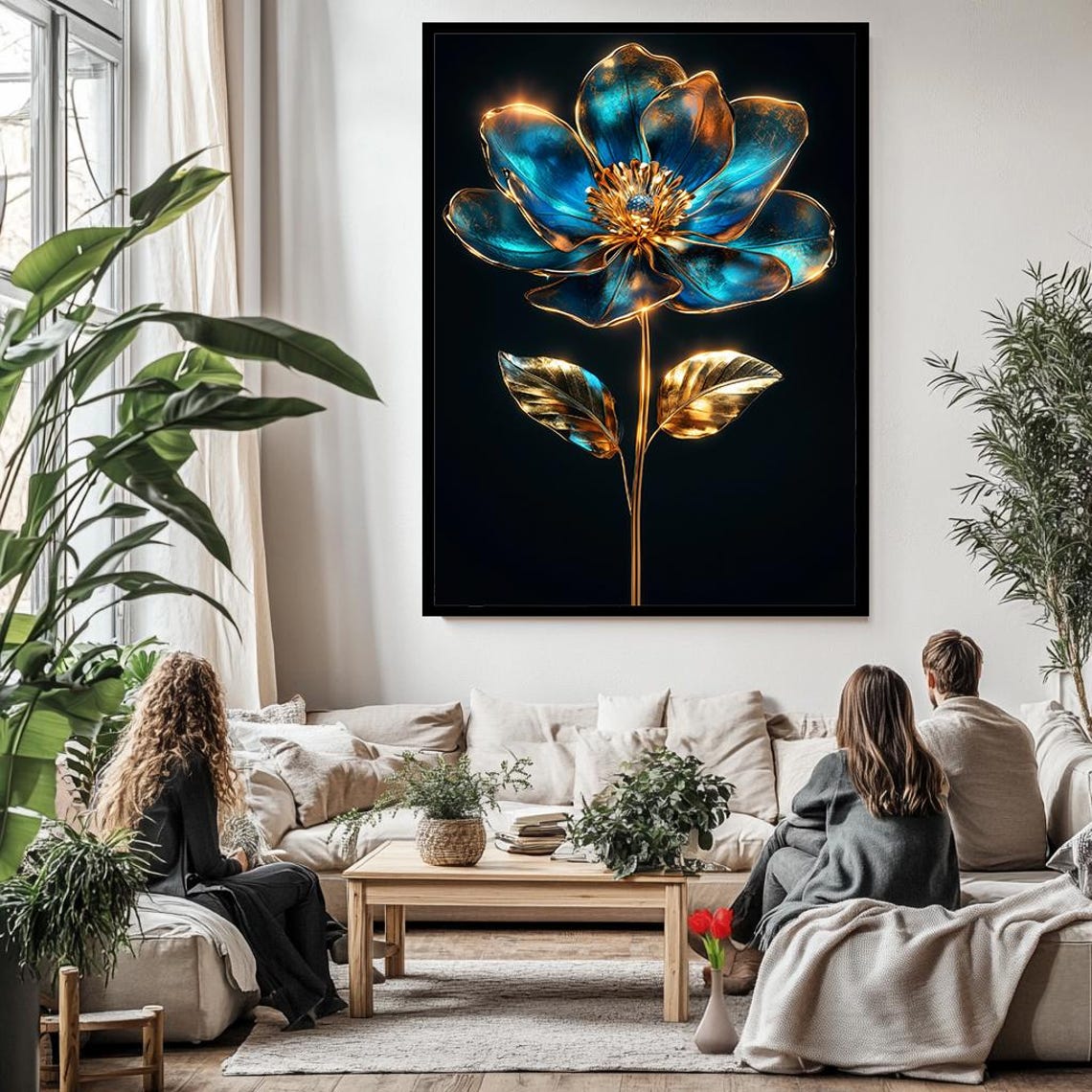 Metallic Blue Gold Flower Glowing Bloom Black Background Wall Art - Image 3