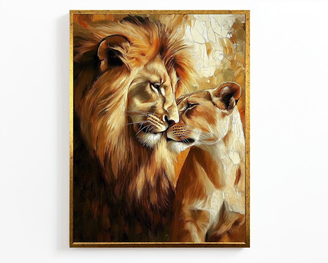 Lion and Lioness Tender Embrace Golden Romantic Wildlife Art Poster - Image 4