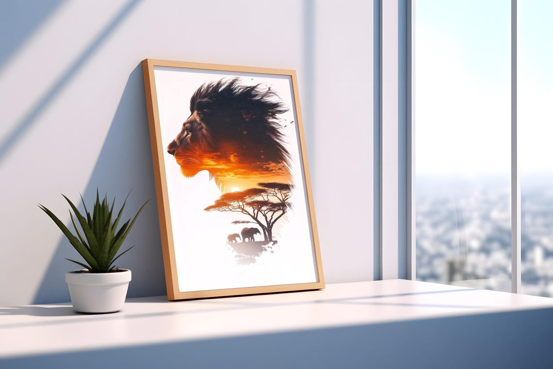 Lion Profile Double Exposure African Savanna Sunset Elephants Wall Art - Image 4
