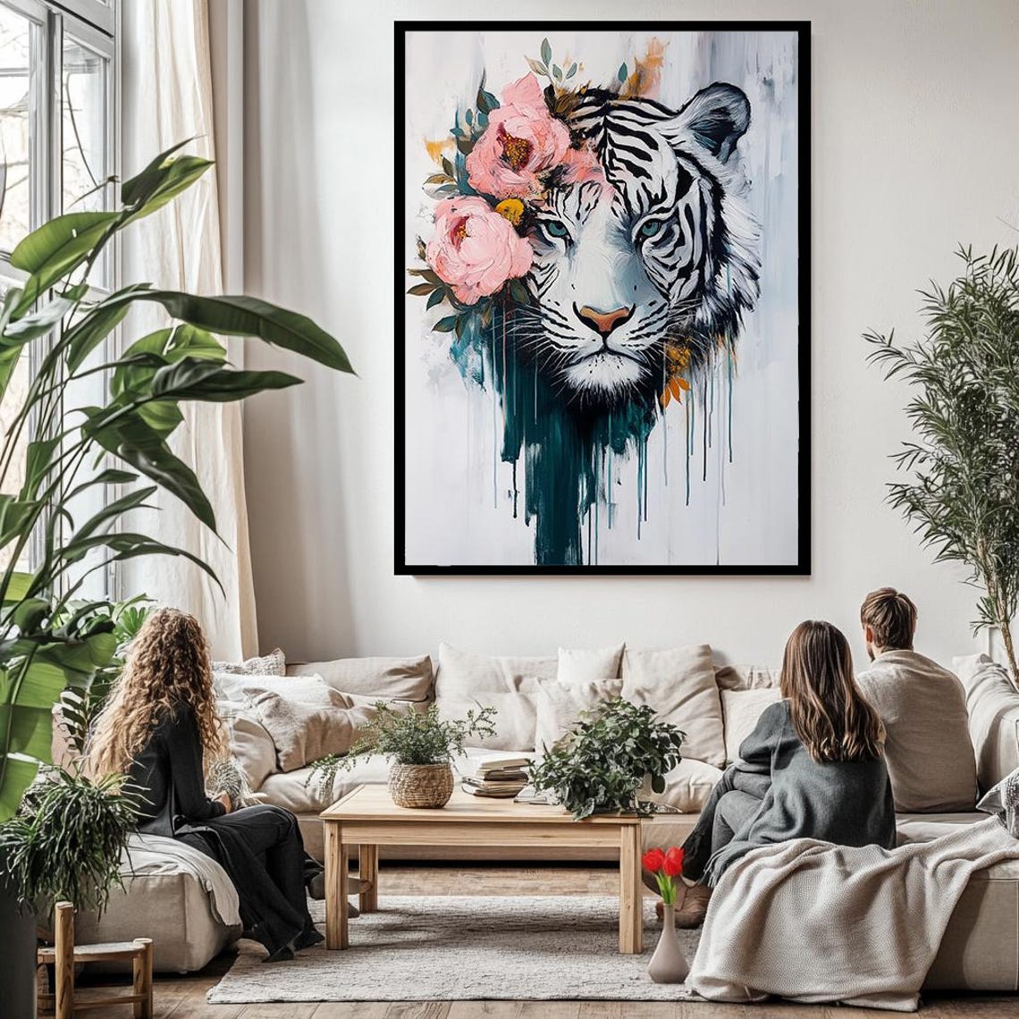 White Tiger Floral Crown Pink Flowers Dripping Paint Wildlife Poster - Image 3