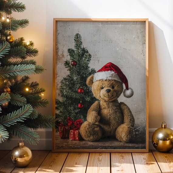 Fluffy Cozy Christmas Teddy Bear Santa Hat Gifts Vintage Holiday Poster