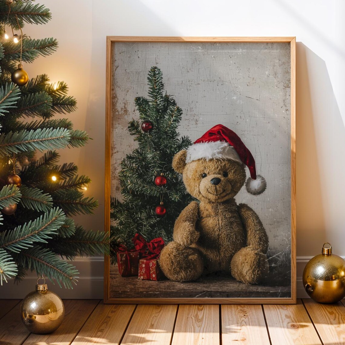 Fluffy Cozy Christmas Teddy Bear Santa Hat Gifts Vintage Holiday Poster