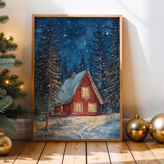 Cozy Red Winter Cabin Poster Snowy Christmas Night Landscape Decor