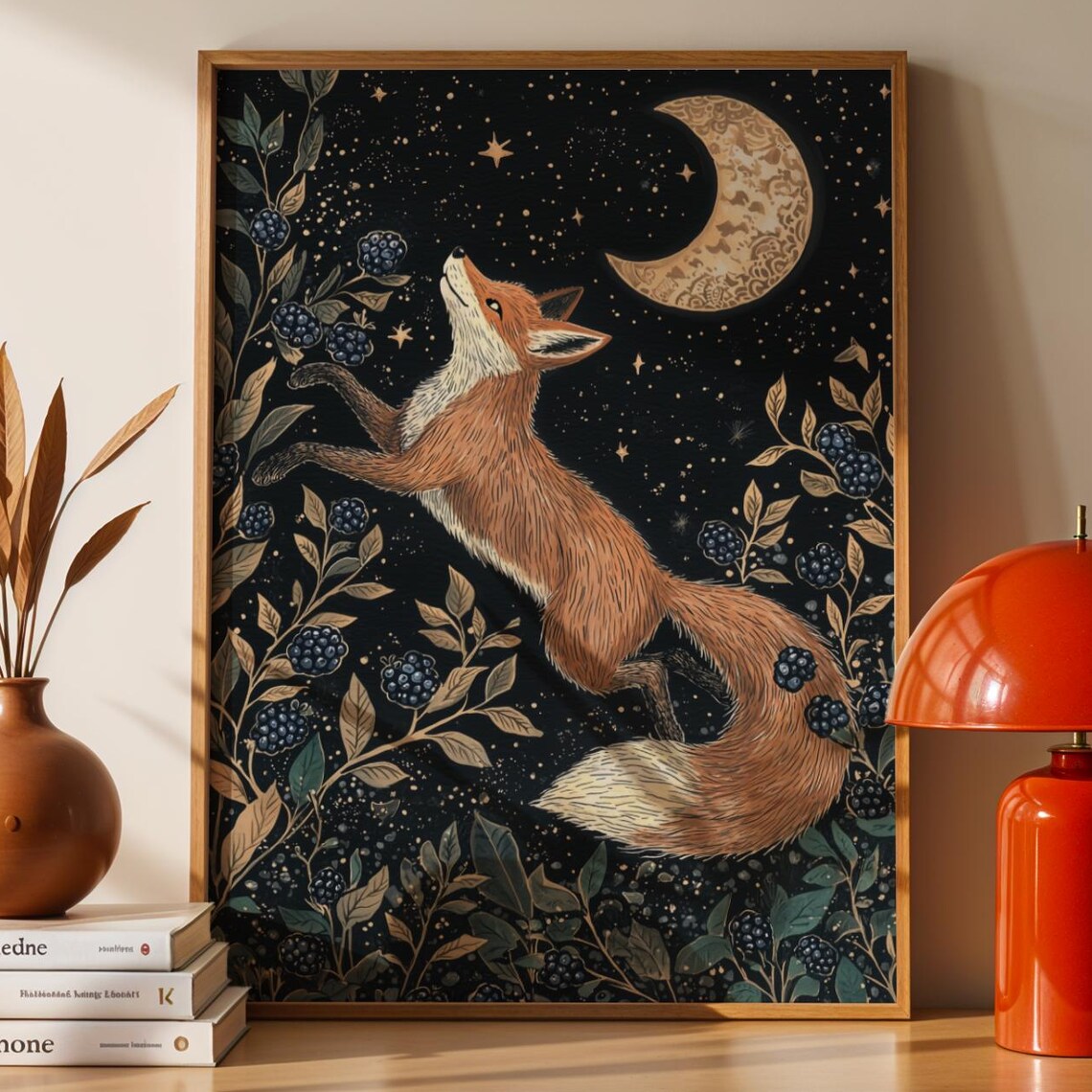 Fox And Moon Scandinavian Folk Art Art Print