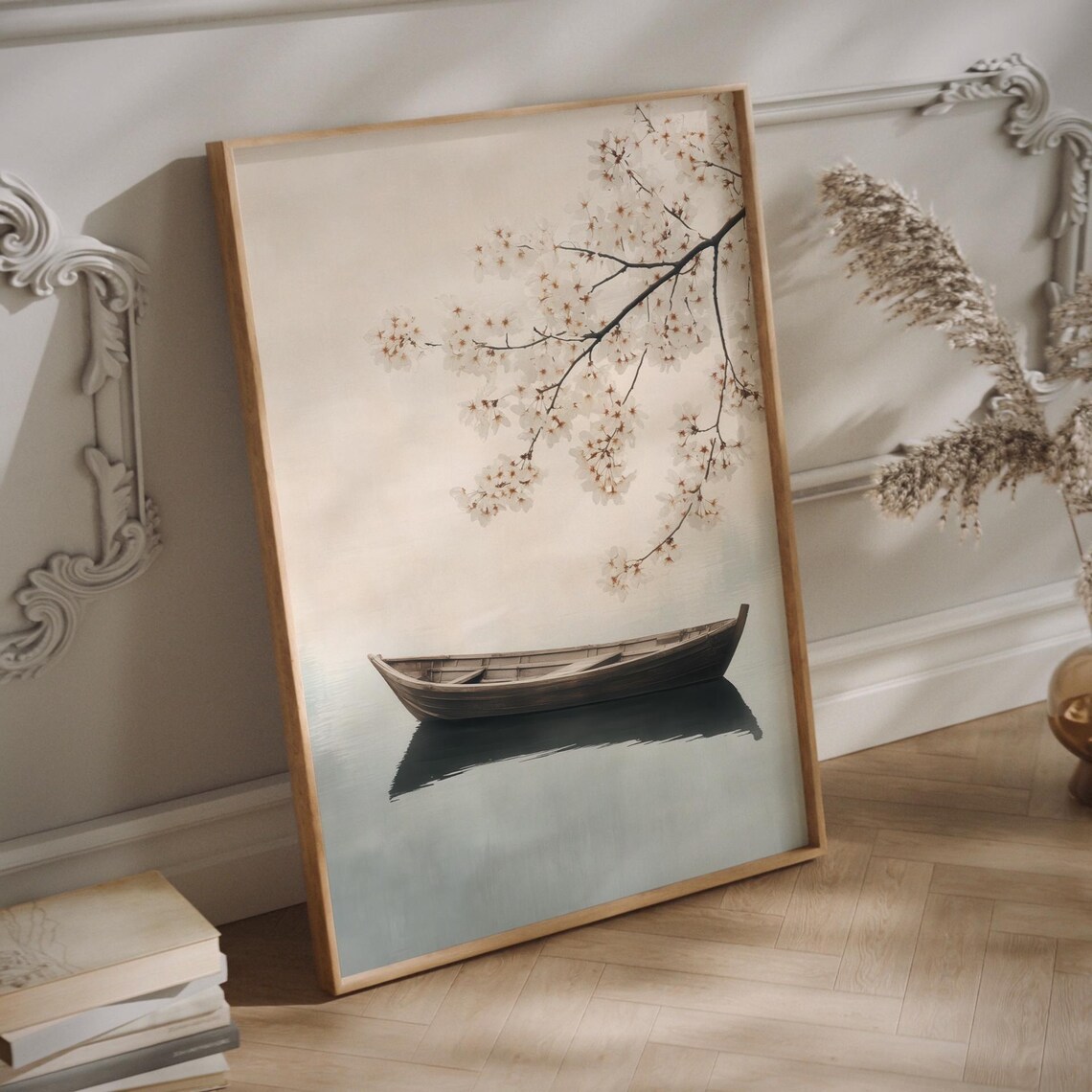 Peaceful Lake Dusk Boat, Japandi Minimalist Art Print - Image 3