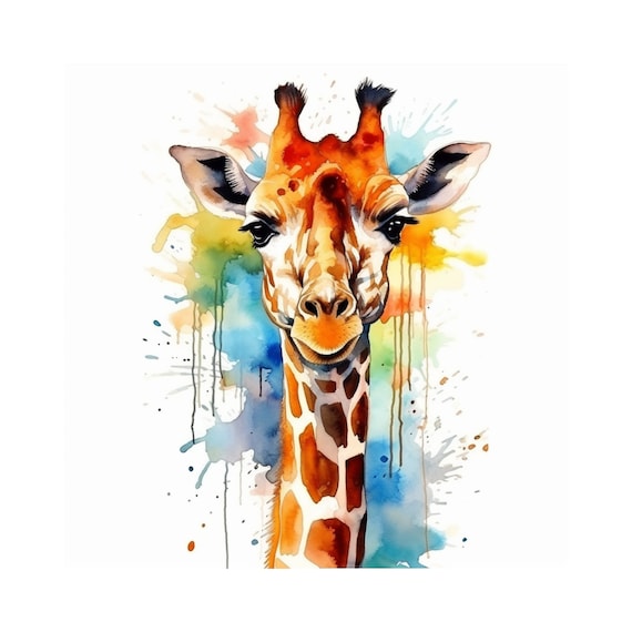 Giraffe Close Up Watercolor Portrait Paint Splash Nursery Print