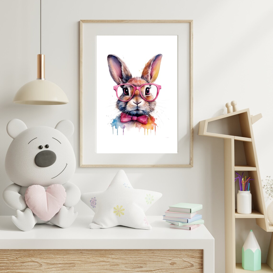 Rabbit With Pink Glasses, Watercolor Painting - Image 4