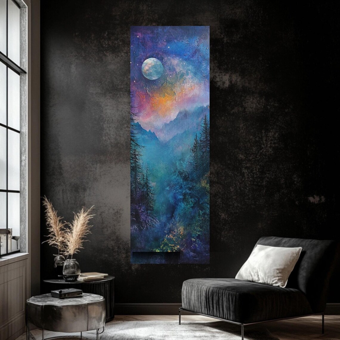 Pastel Galaxy Moon Over Mountain Pines Tall Narrow Night Poster