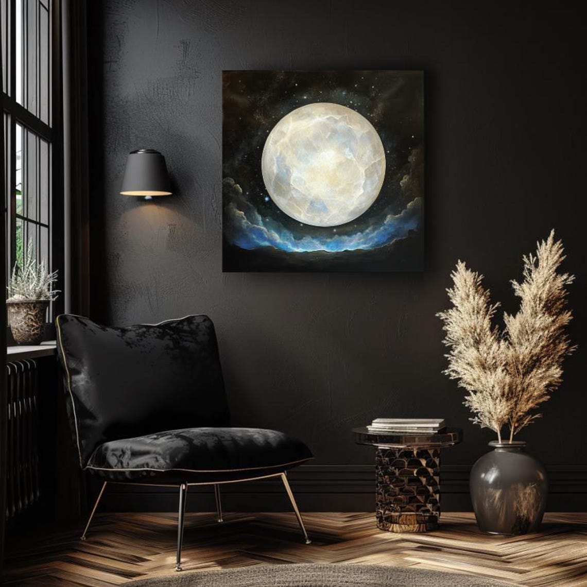 Giant Full Moon Rising Over Blue Clouds Dark Starry Night Poster - Image 4