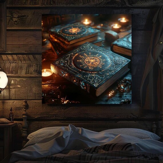 Ancient Spell Books With Glowing Runes By Candlelight Dark Poster