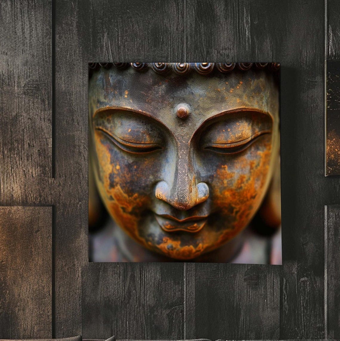 Serene Weathered Bronze Buddha Face Close Up Zen Calm Poster