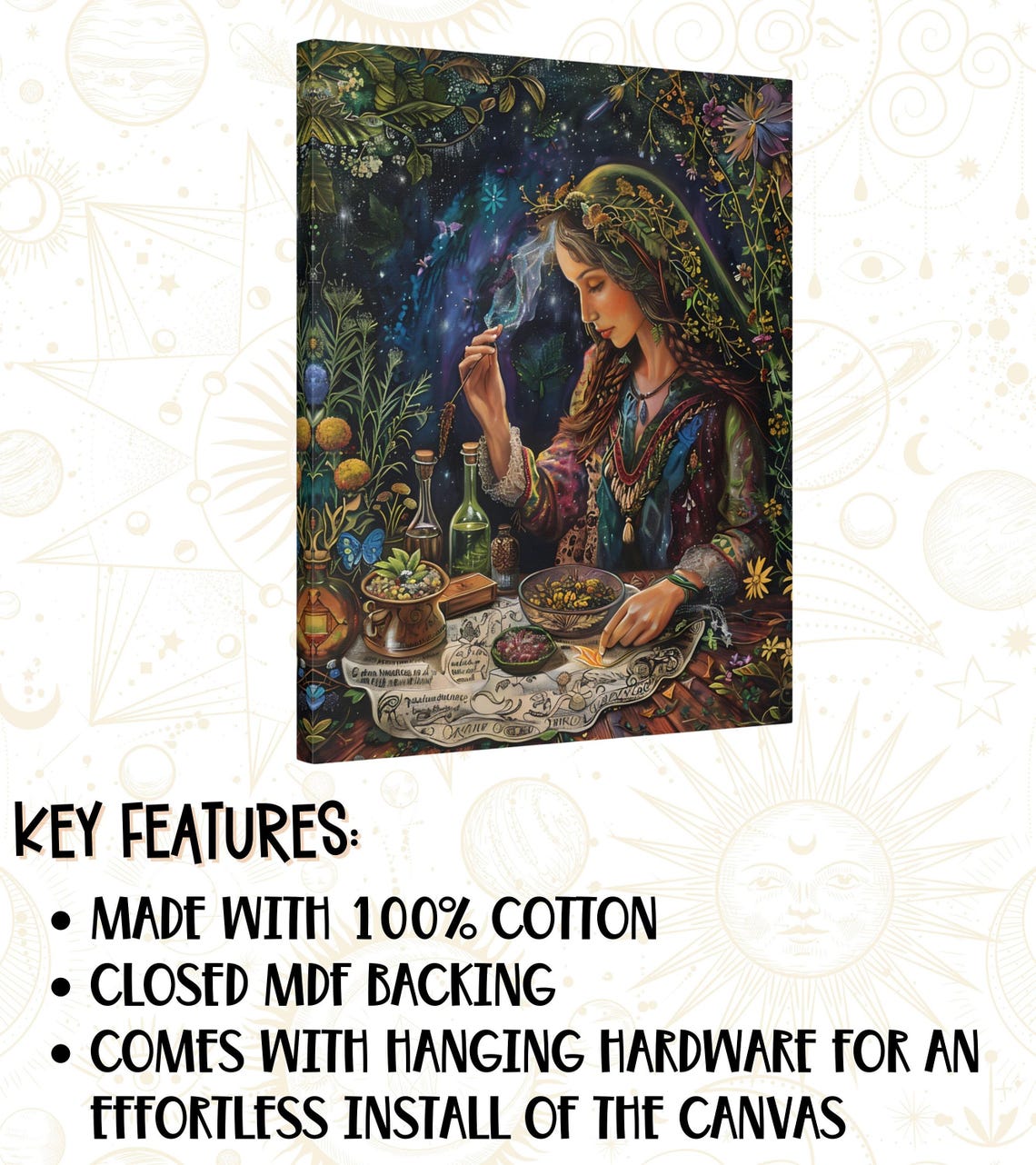 Witch Herbalist Mixing Herbs Under Starry Night Apothecary Art Poster - Image 2