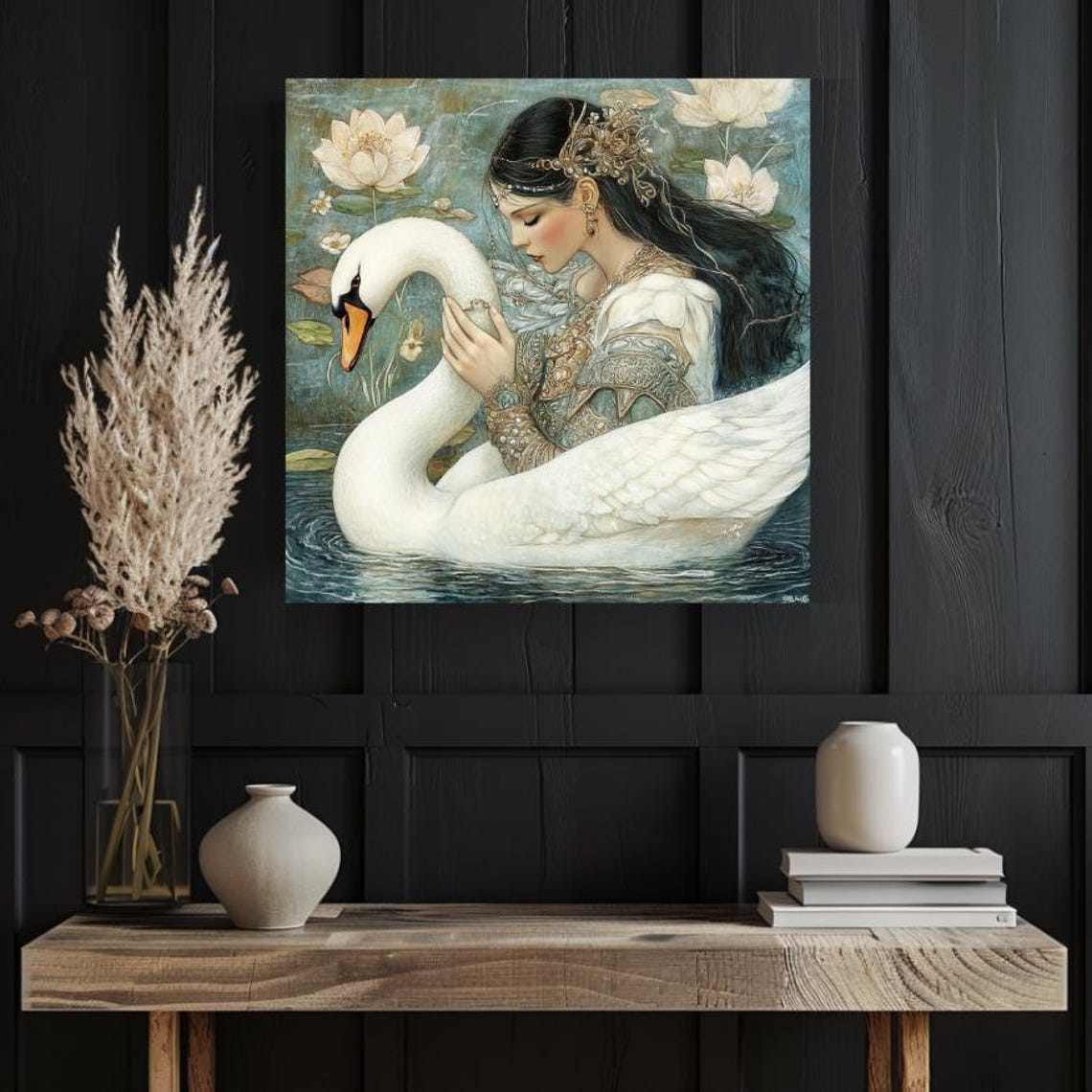 Ethereal Goddess Embracing White Swan on Lotus Lake Art Poster - Image 4