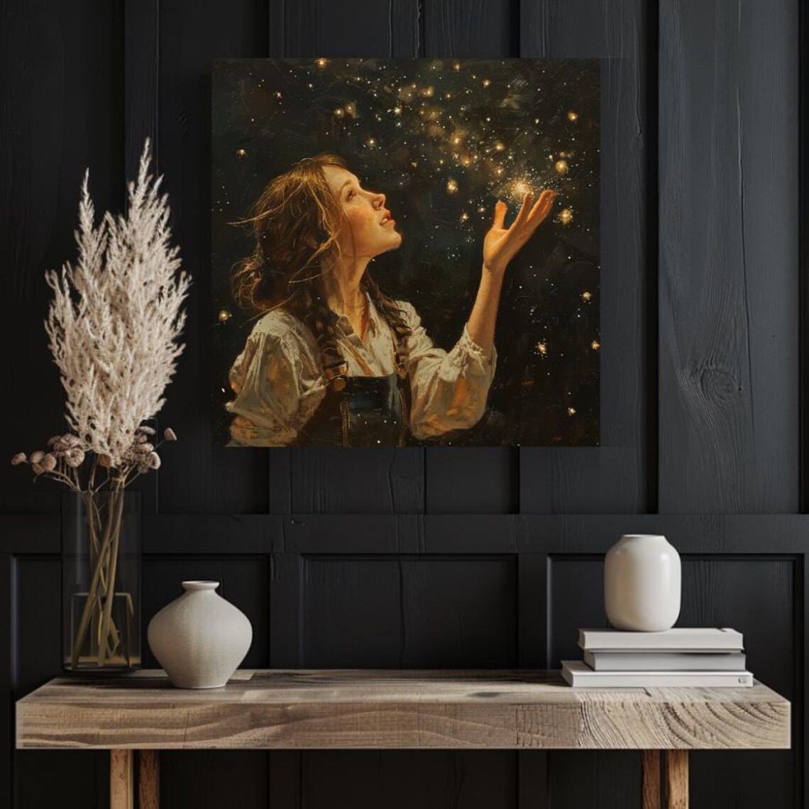 Mystical Woman Reaching for Golden Stardust in Night Sky Art Poster - Image 4