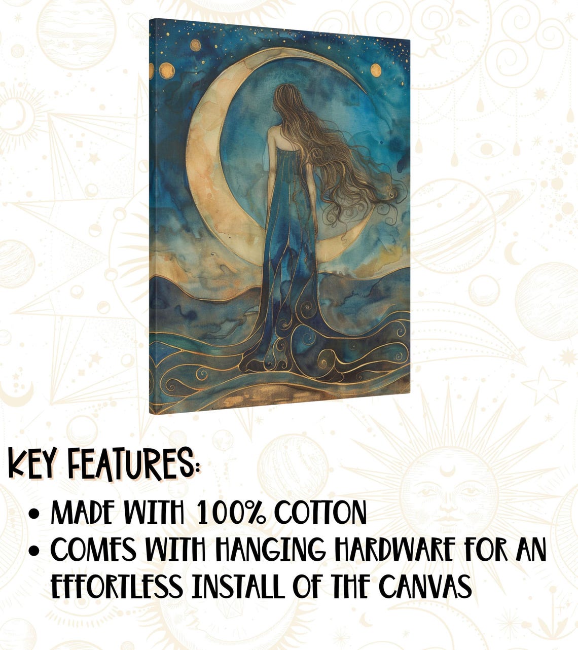 Crescent Moon Goddess Flowing Teal Gown Watercolor Art Poster - Image 2