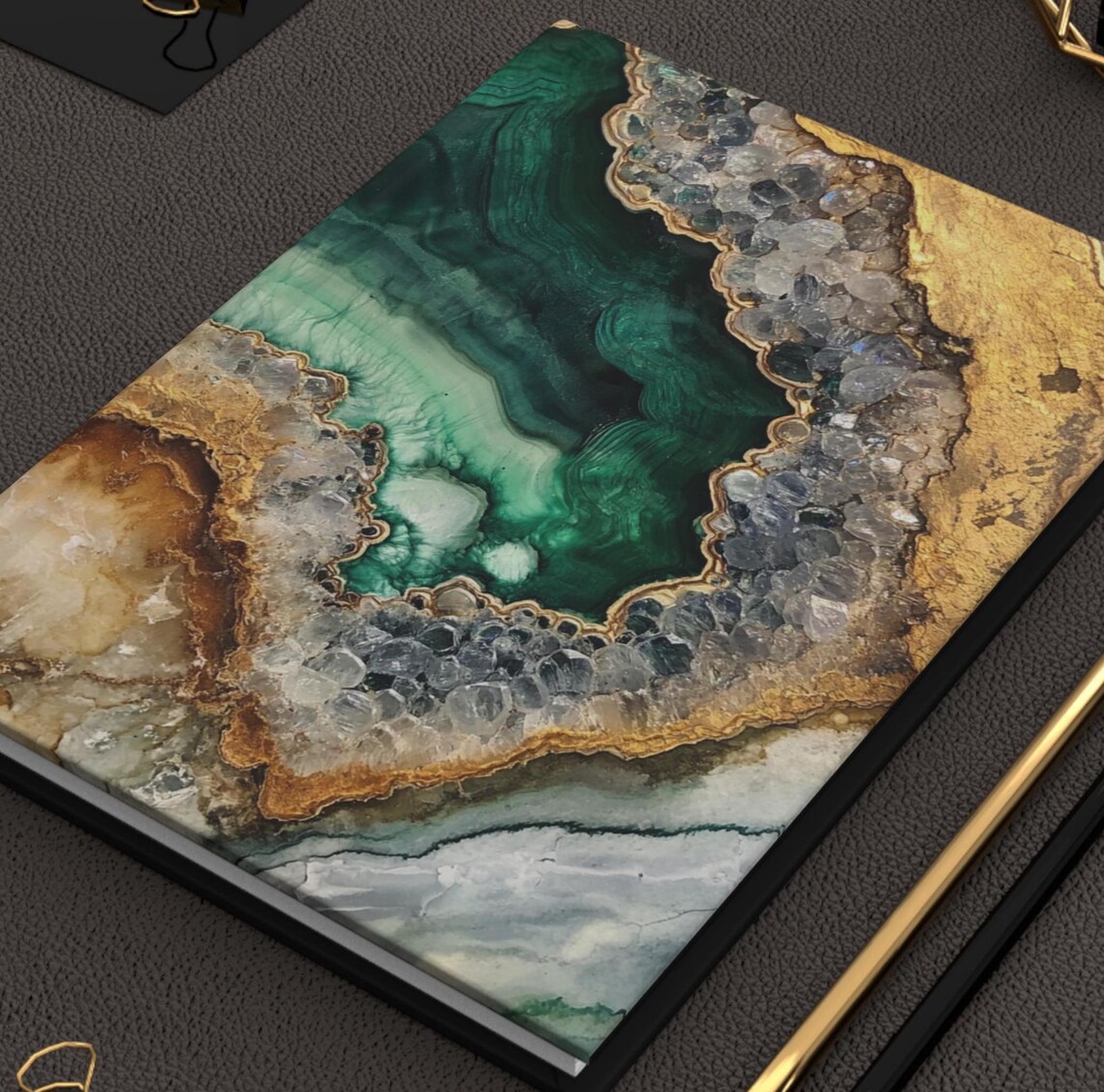 Green and Gold Geode Agate Slice Crystal Hardcover Journal Art Print - Image 2