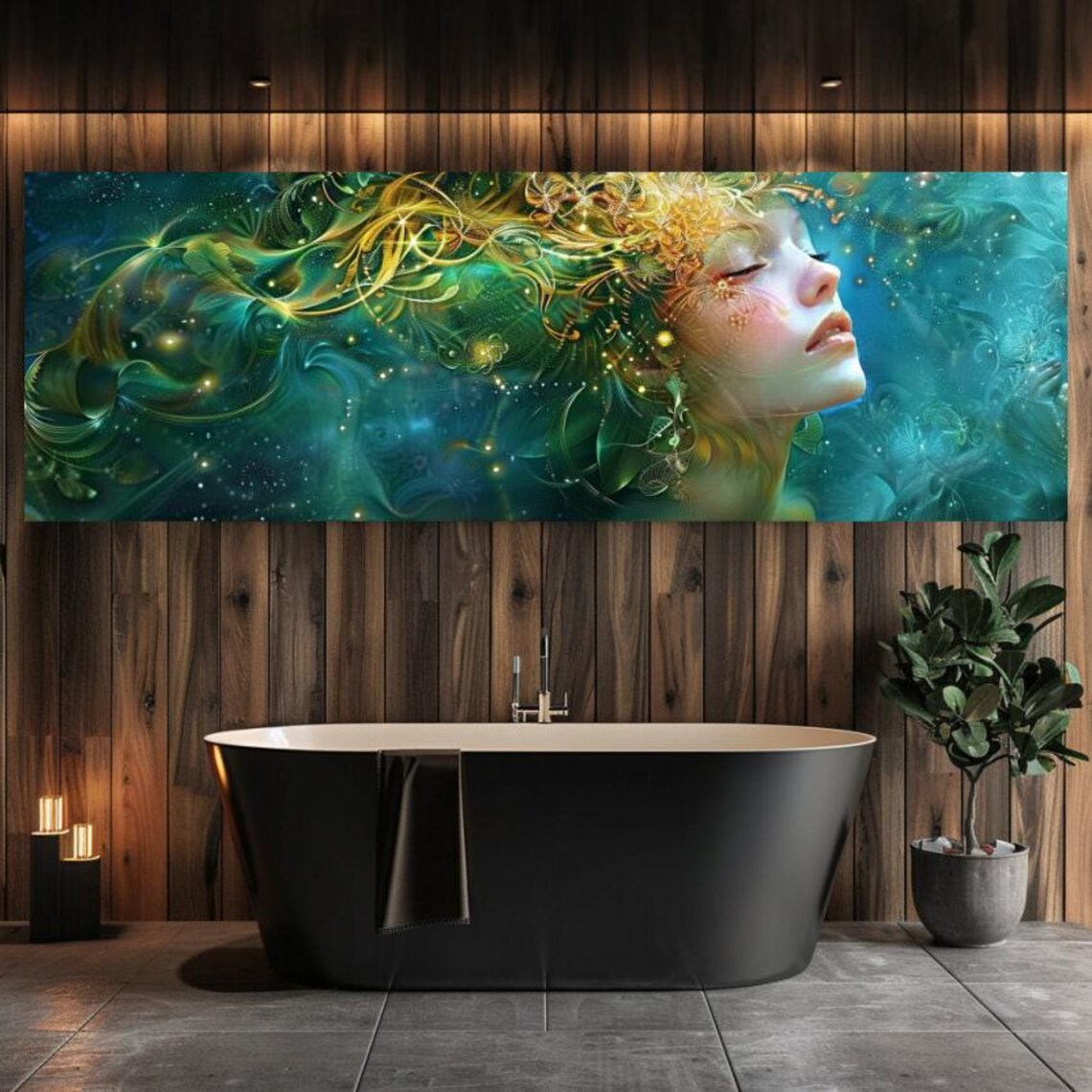 Celestial Goddess With Flowing Golden Hair Teal Cosmic Wall Art - Image 2
