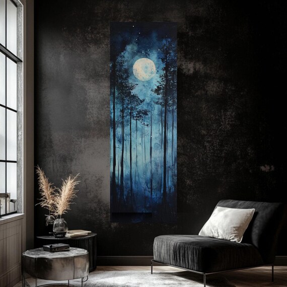 Dark Forest Tall Vertical Narrow Nature Large Wall Art Housewarming Gift Bedroom Narrow Wall Art Mystical Dark Night Tall Wall Art