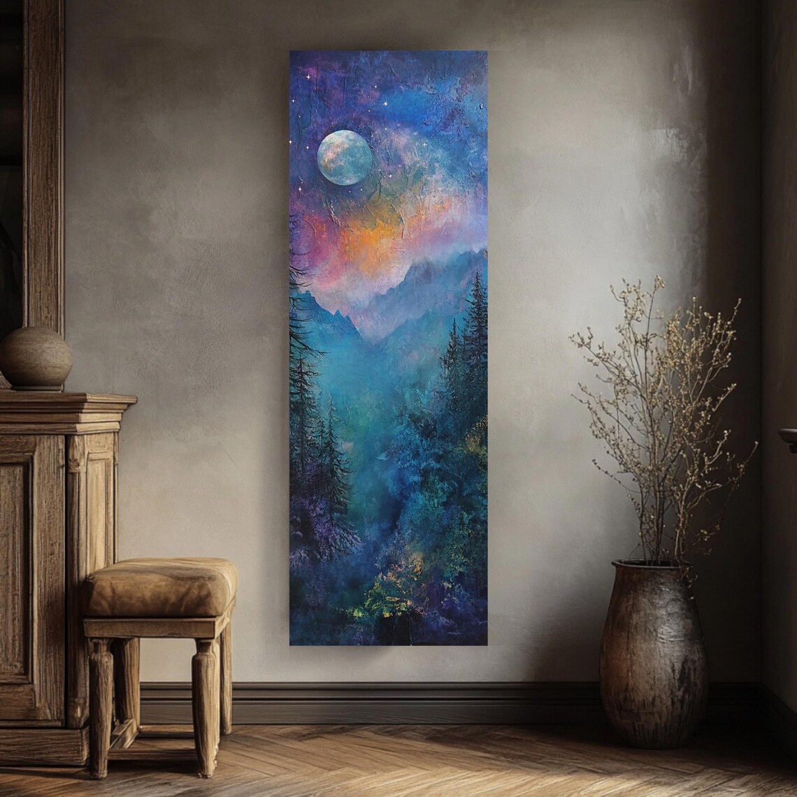 Pastel Galaxy Moon Over Mountain Pines Tall Narrow Night Poster - Image 4