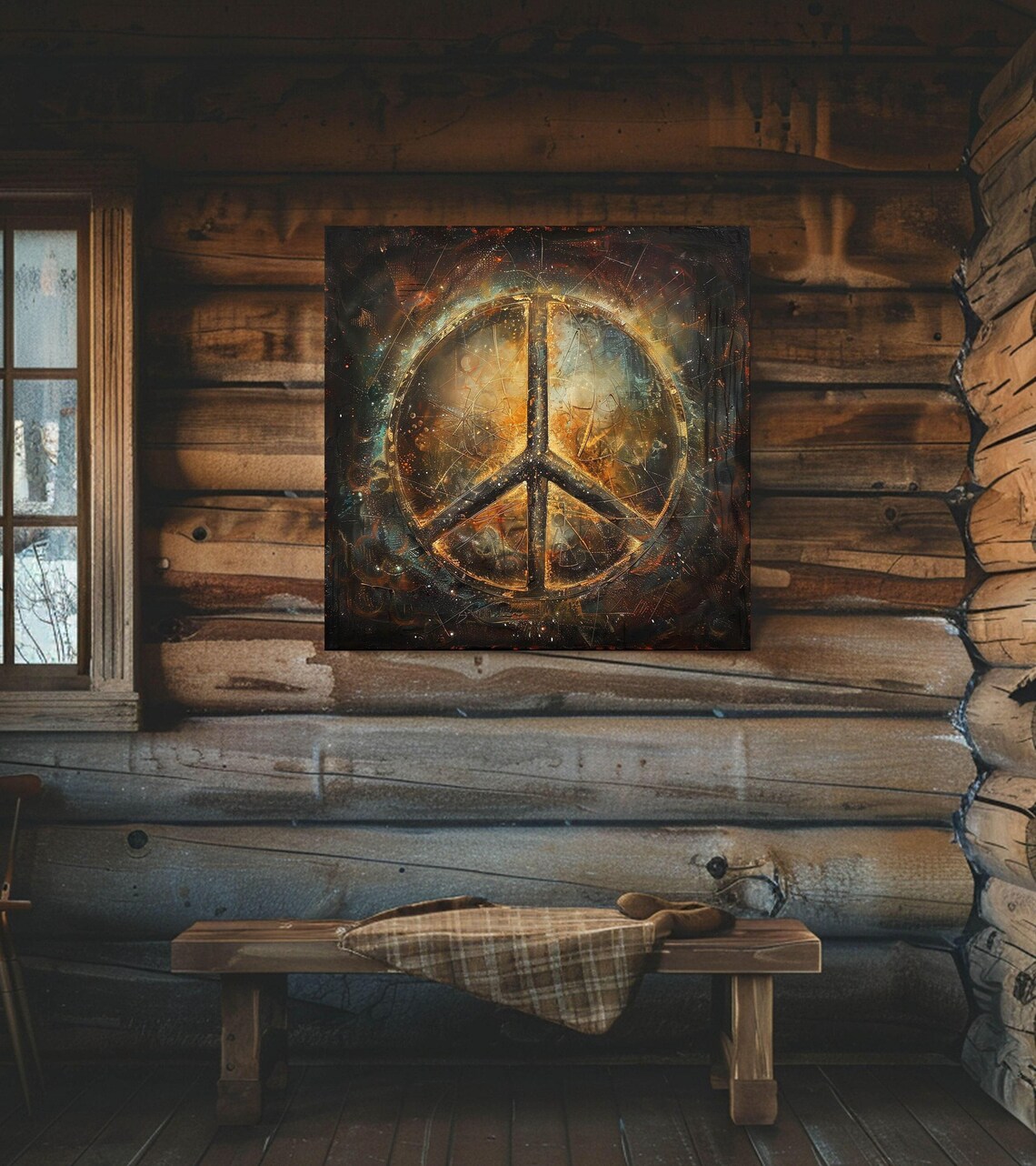 Cosmic Gold Peace Sign Grunge Starry Night Hippie Decor Poster - Image 3