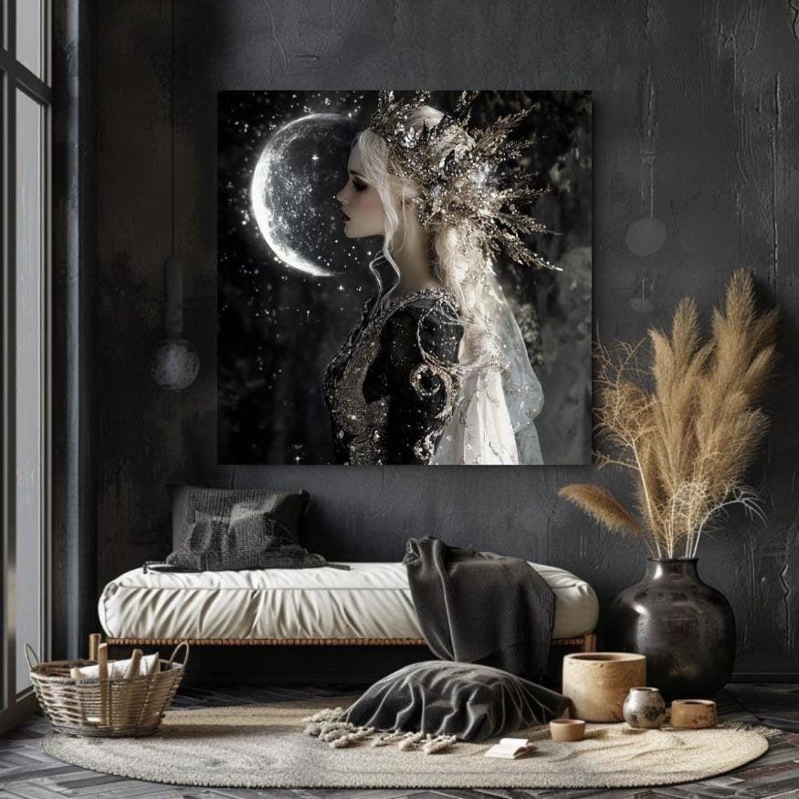 Moon Goddess with Crystal Crown Before Crescent Moon Dark Art Poster