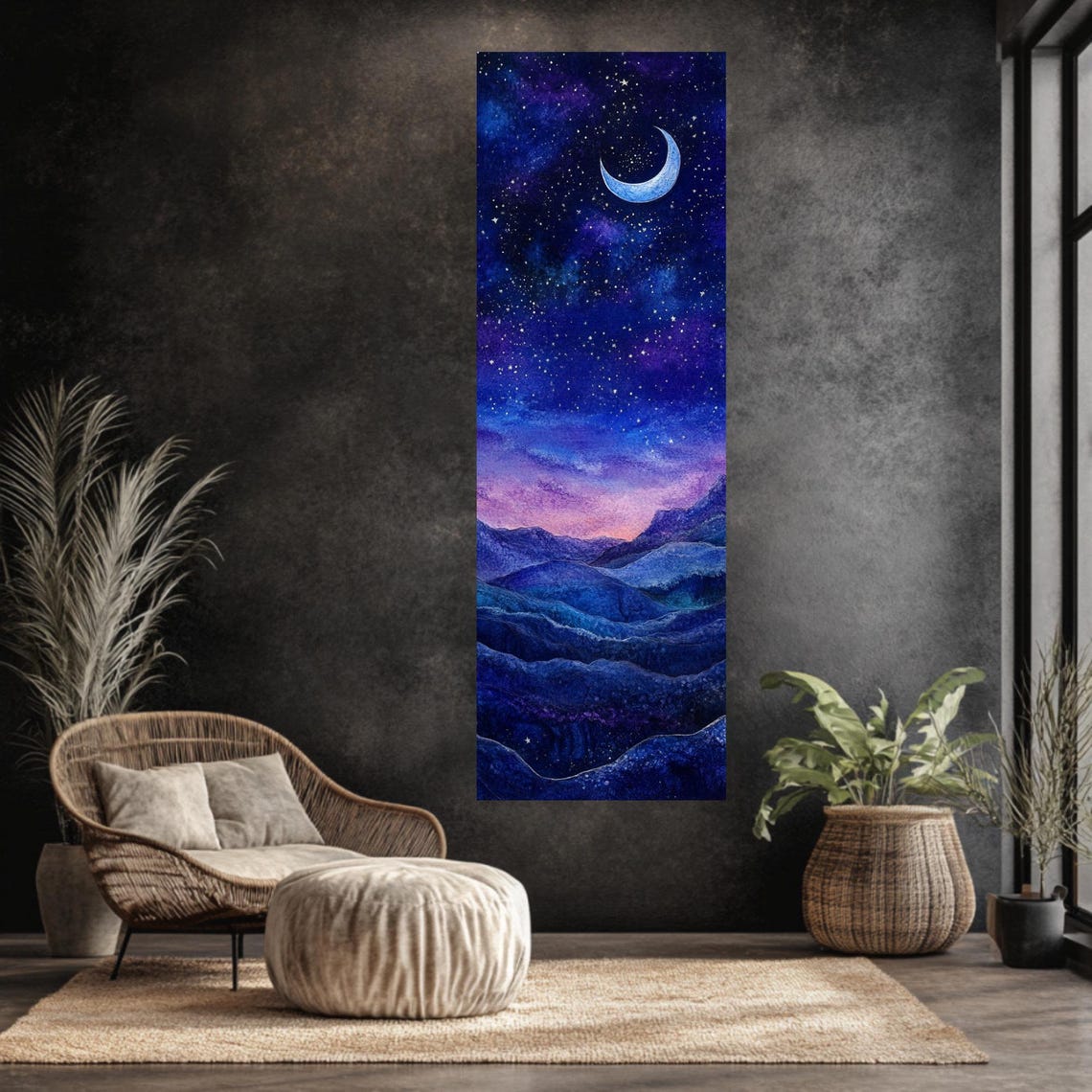 Crescent Moon Over Rolling Mountains Tall Vertical Night Sky Poster