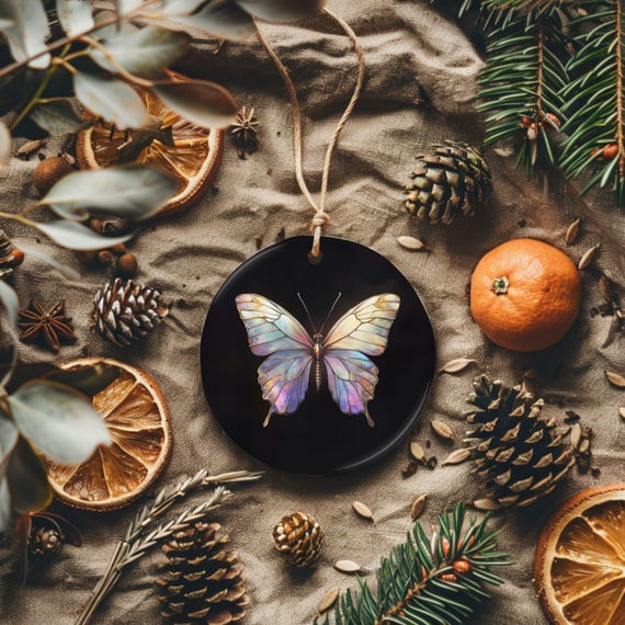 Iridescent Butterfly Ornament Double Sided Round Ornament With Gold String Vibrant Butterfly Print Holiday Hanging Decor