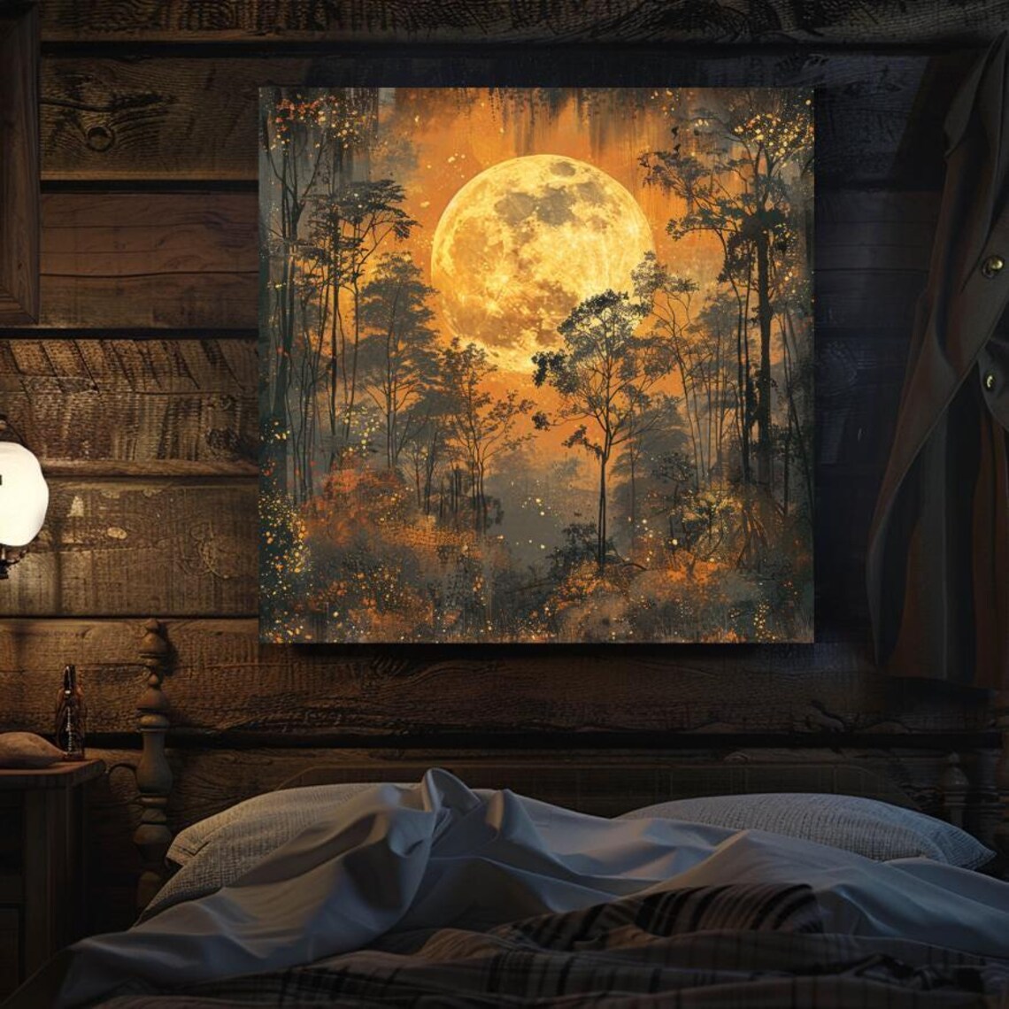 Golden Full Moon Over Dark Forest Fireflies Night Art Poster - Image 2