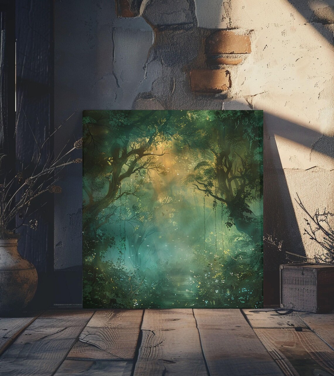 Lush Green Forest Glade with Stream Golden Light and Fireflies Poster - Image 4