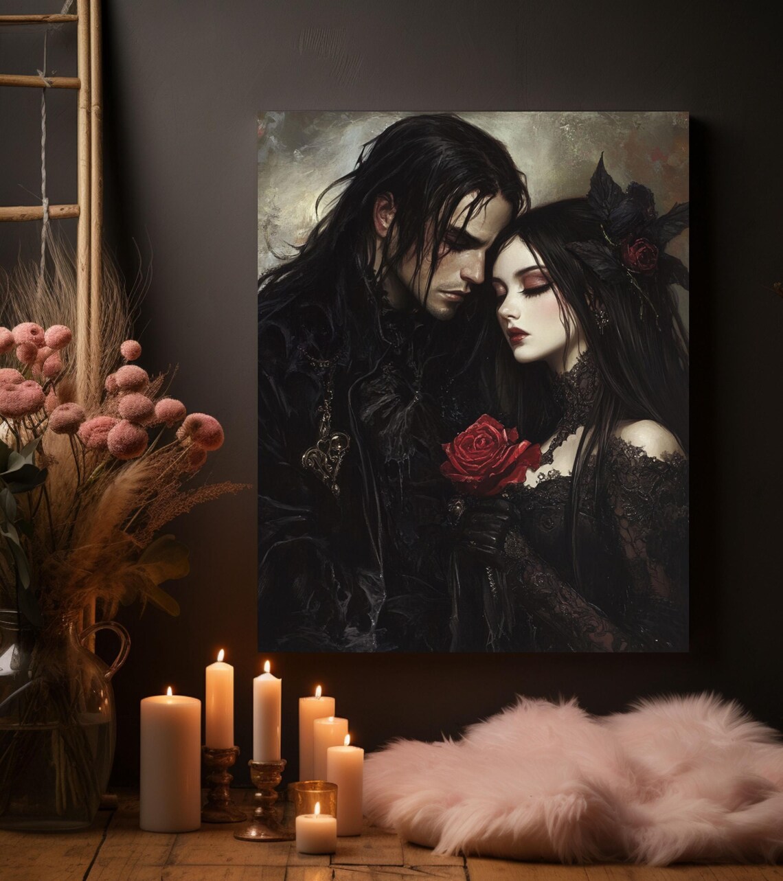 Dark Gothic Couple with Red Rose Romantic Dark Academia Art Poster - Image 3