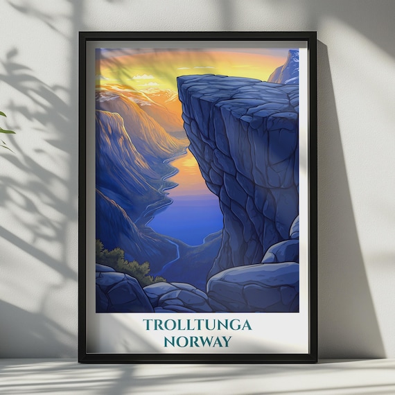 Trolltunga Norway Travel Poster Fjord Cliff Rock Sunset Golden Wall Decor