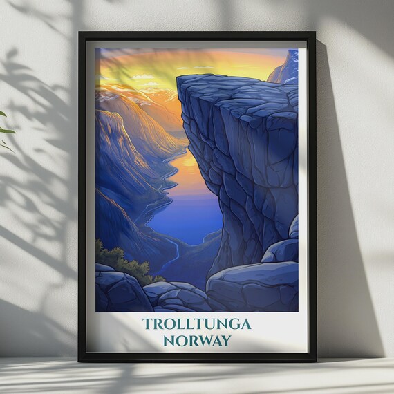Trolltunga Norway Travel Poster Fjord Cliff Sunset Wall Art Scandinavian Print