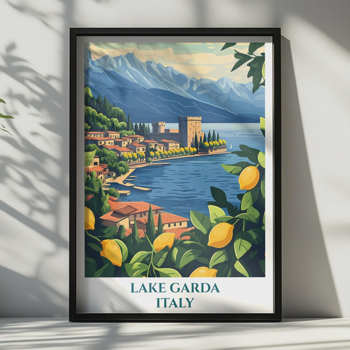 Lake Garda Italy Castle Lakeside Mountains Vintage Travel Poster