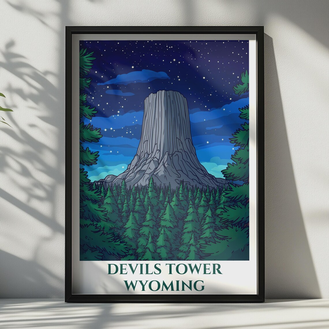 Devils Tower Wyoming Vintage Travel Poster Night Sky Stars National Monument Scene