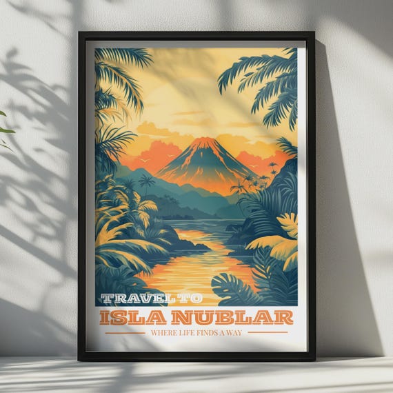 Travel To Isla Nublar Volcano And River Wall Art Vintage Tropical Print Nature Decor