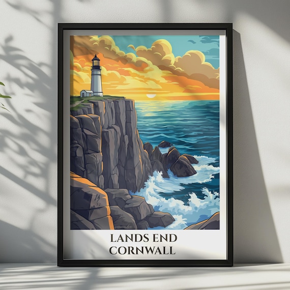 Lands End Cornwall Lighthouse Poster Vintage Travel Art Print Coastal Wall Decor