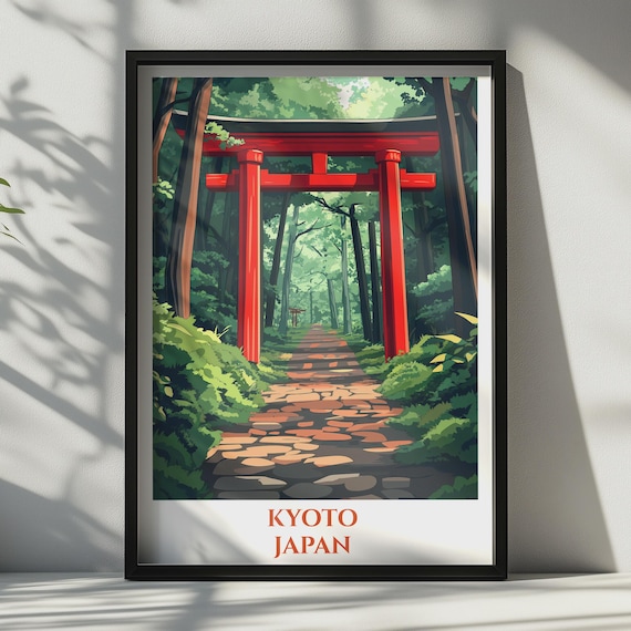 Kyoto Japan Travel Poster Red Torii Gate Forest Path Japanese Wall Art Print