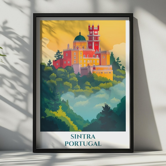Sintra Portugal Travel Poster Pena Palace Wall Art Vintage Castle Print