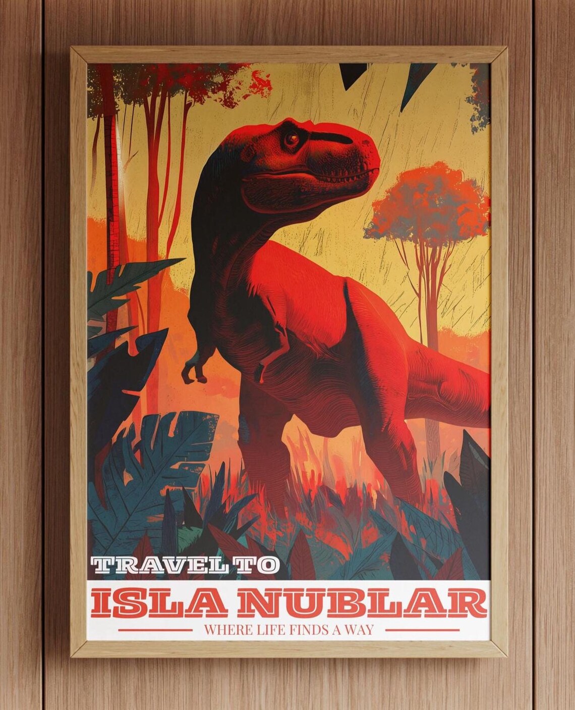 Red Trex Jungle Retro Dinosaur Travel Poster