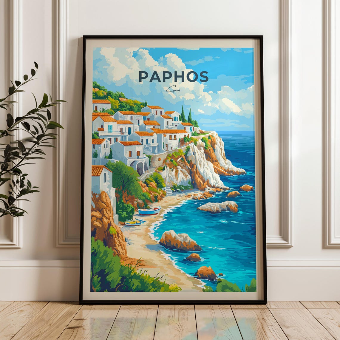 Paphos Cyprus Whitewashed Village Cliff Coast View Travel Poster