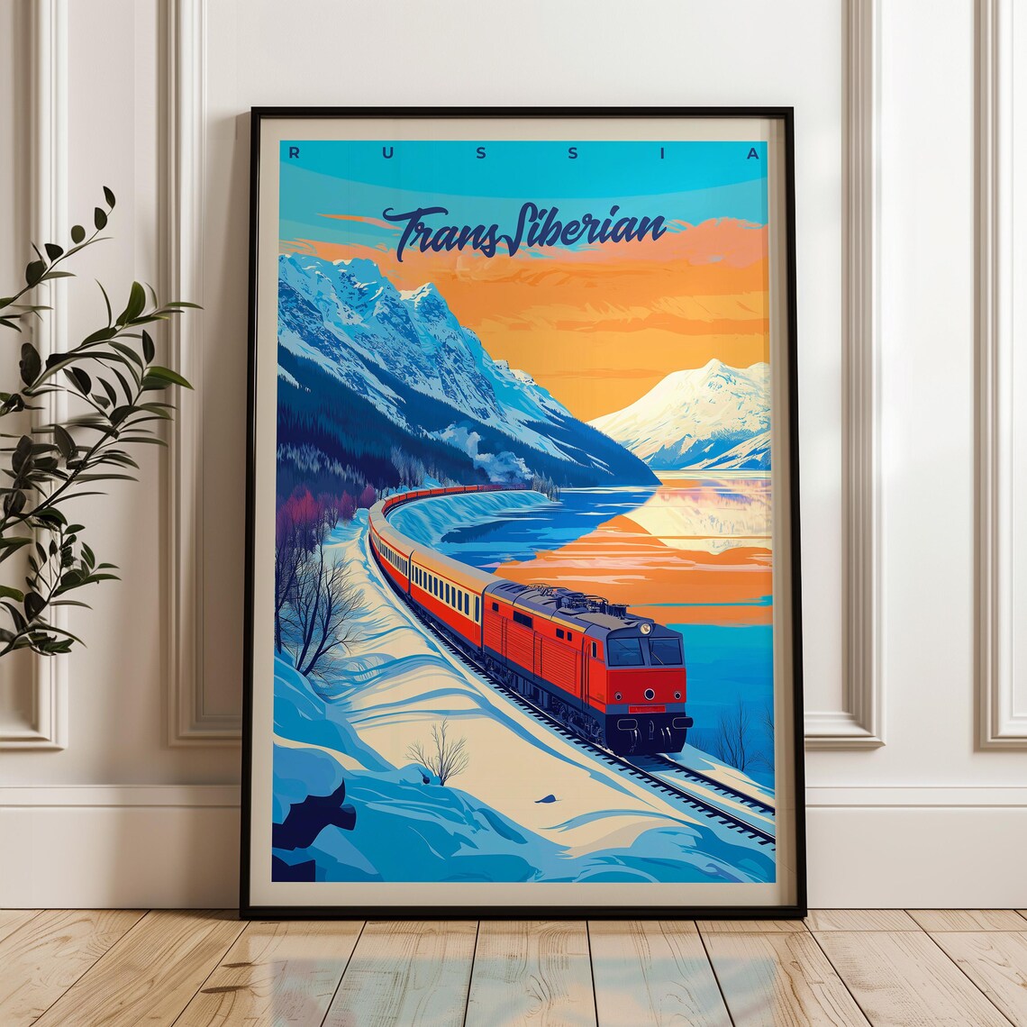 Trans Siberian Russia Winter Train Snowy Peaks Travel Poster